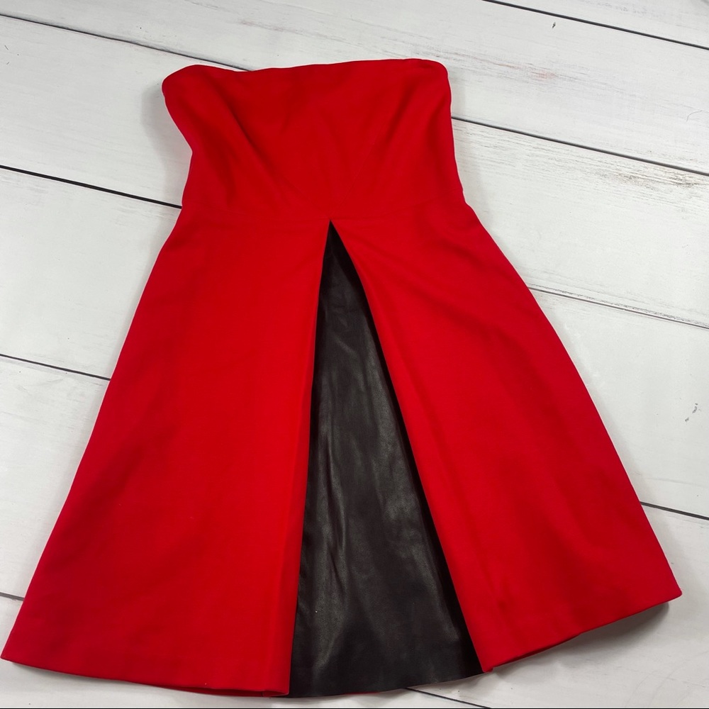 Bailey 44 Strapless Red and Faux Black Leather Fit and Flare Dress
